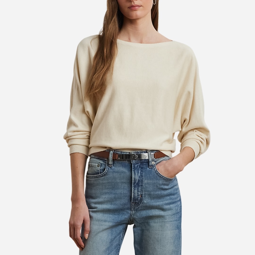 Cotton-Blend Dolman-Sleeve Sweater - Ivory Beige