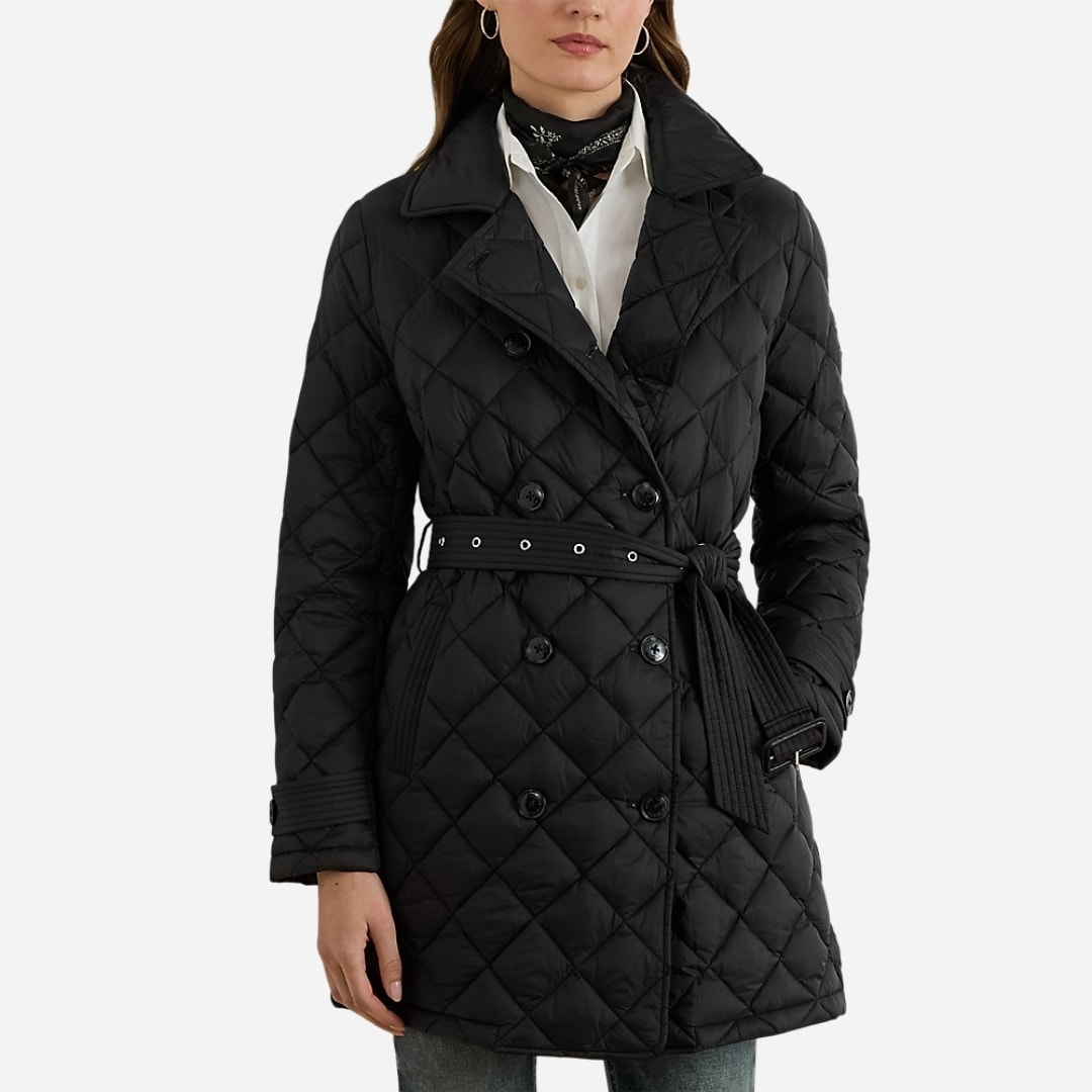 Diamond-Quilted Trench Coat - Black