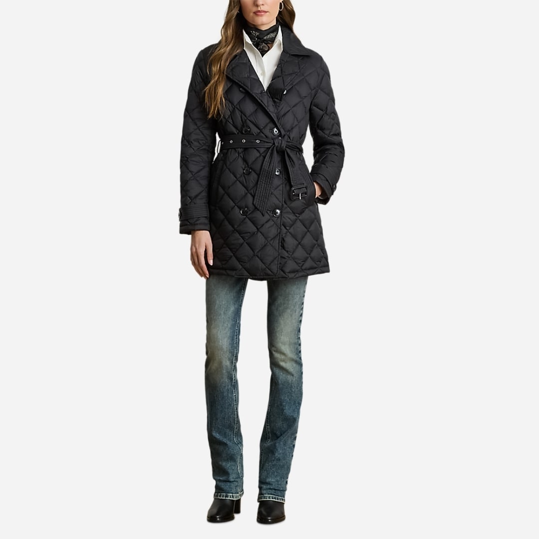 Diamond-Quilted Trench Coat - Black