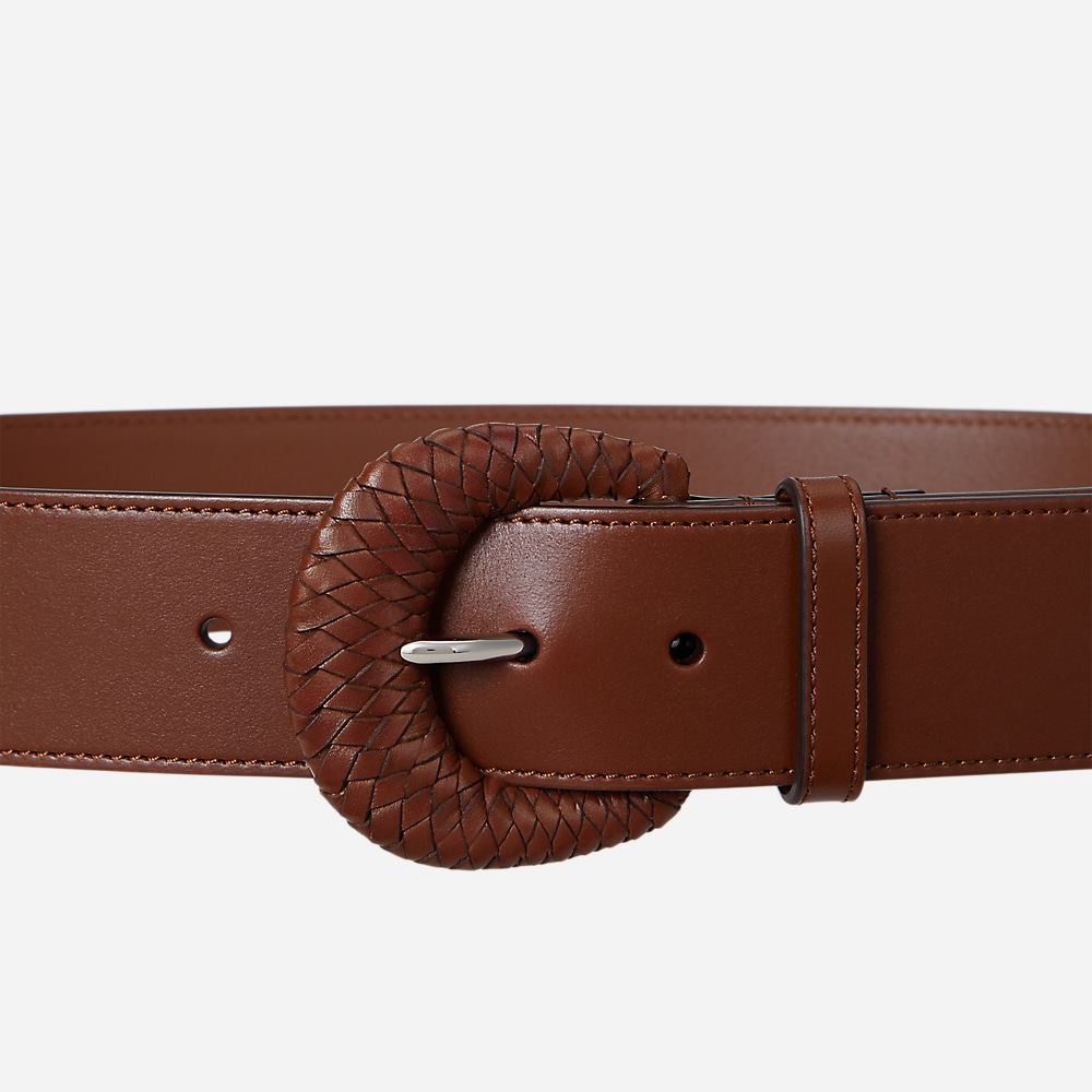 Woven-Buckle Vachetta Leather Wide Belt - Cuoio