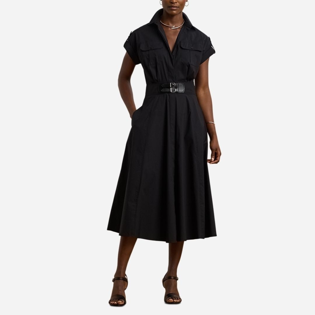 Buckle-Trim Cotton-Blend Shirtdress - Black
