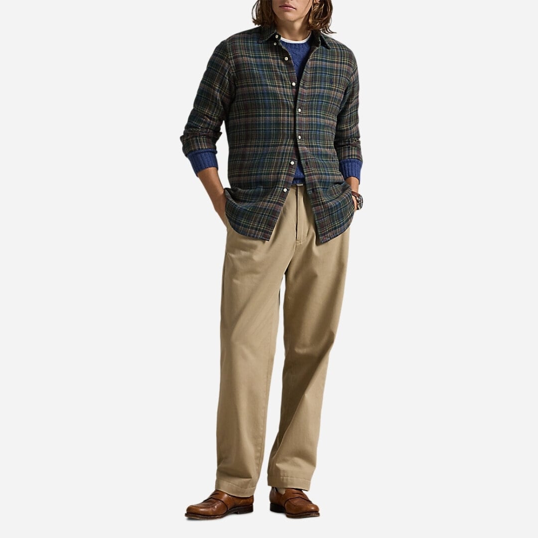 Custom Fit Plaid Brushed Flannel Shirt - Pine Navy Multi