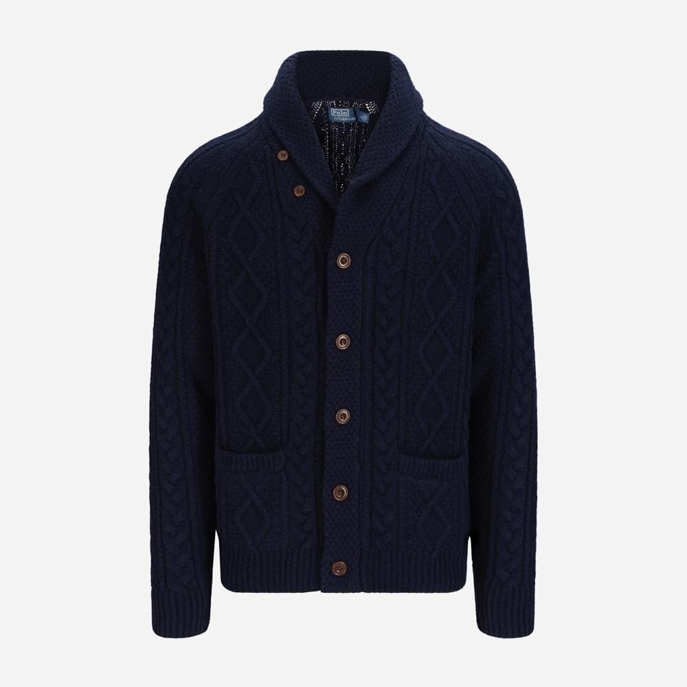 Suede-Patch Wool-Alpaca Cardigan Hunter Navy