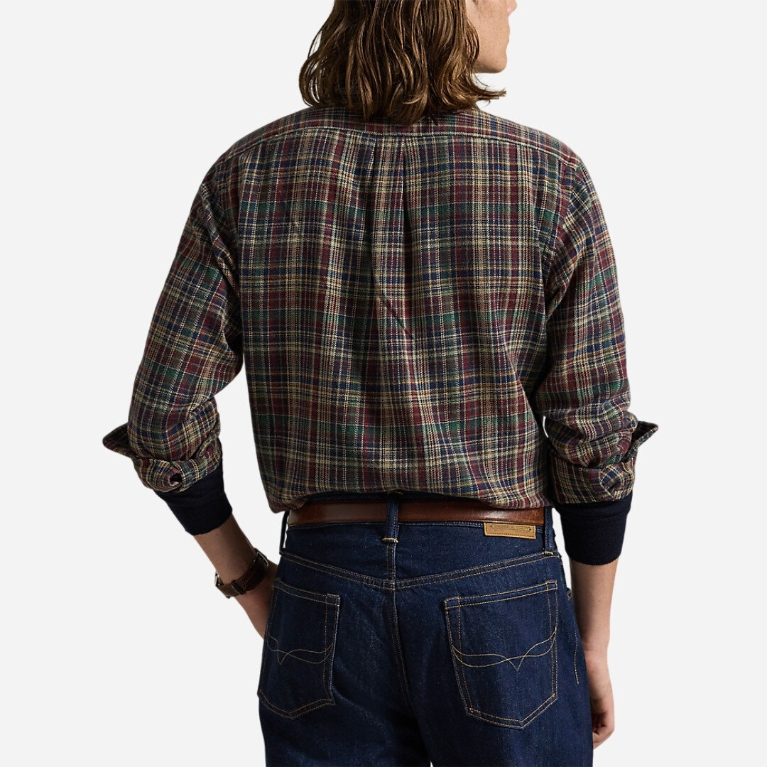 Custom Fit Plaid Brushed Flannel Shirt - Wine Khaki Multi