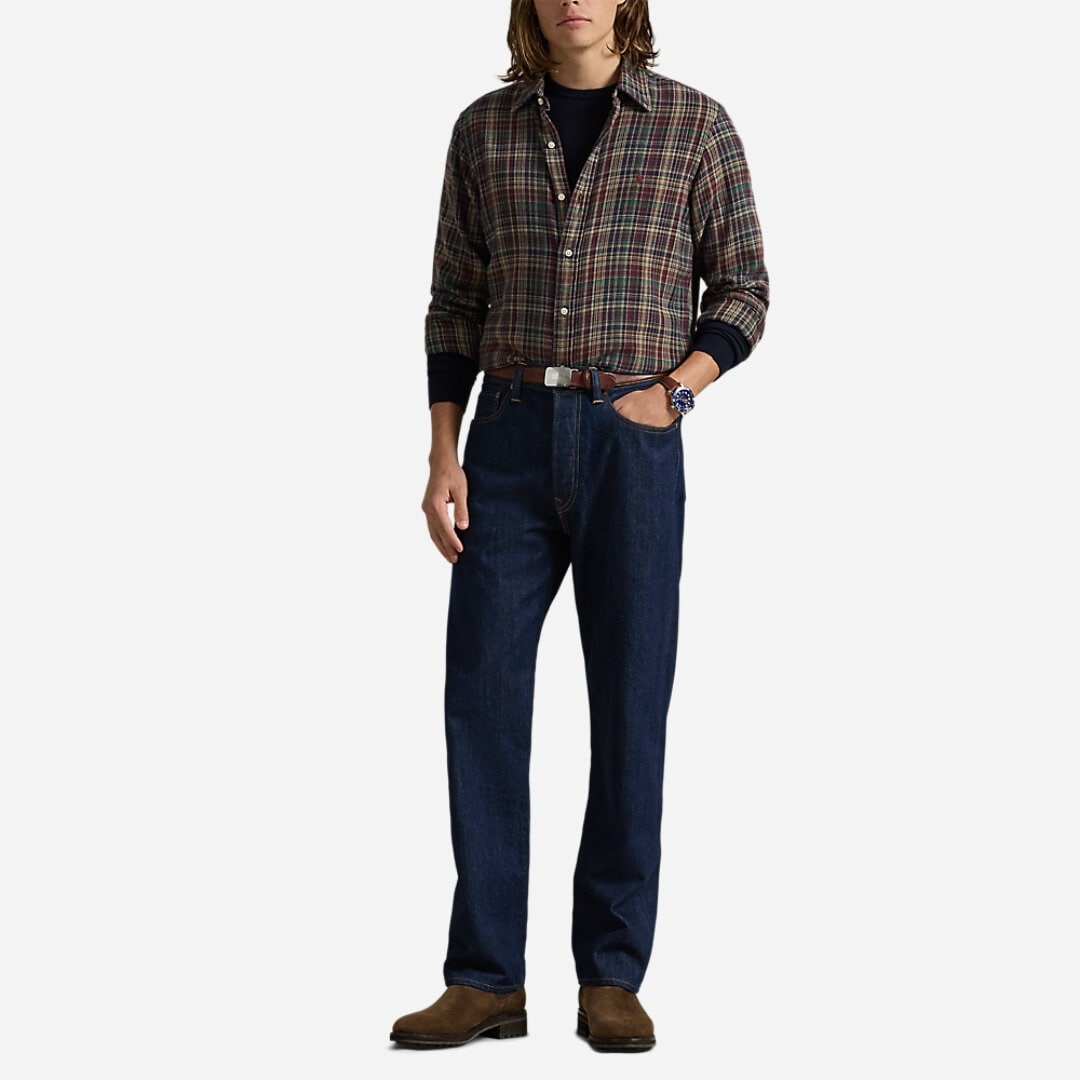 Custom Fit Plaid Brushed Flannel Shirt - Wine Khaki Multi