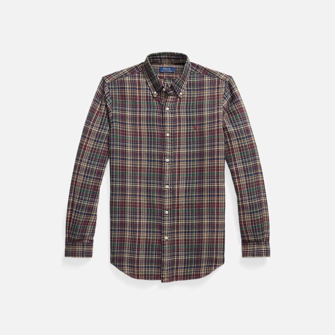 Custom Fit Plaid Brushed Flannel Shirt - Wine Khaki Multi