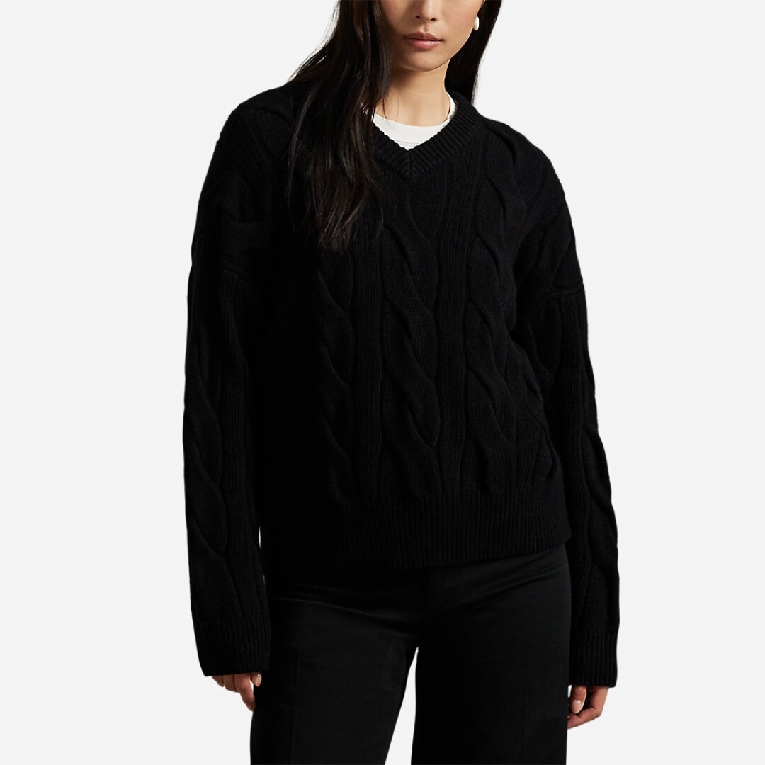 Cable-Knit Wool-Cashmere V-Neck Sweater - Polo Black