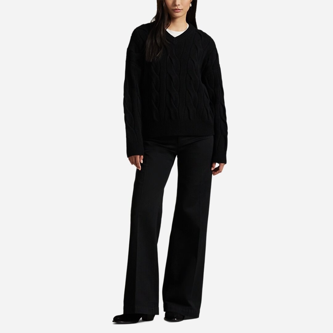 Cable-Knit Wool-Cashmere V-Neck Sweater - Polo Black