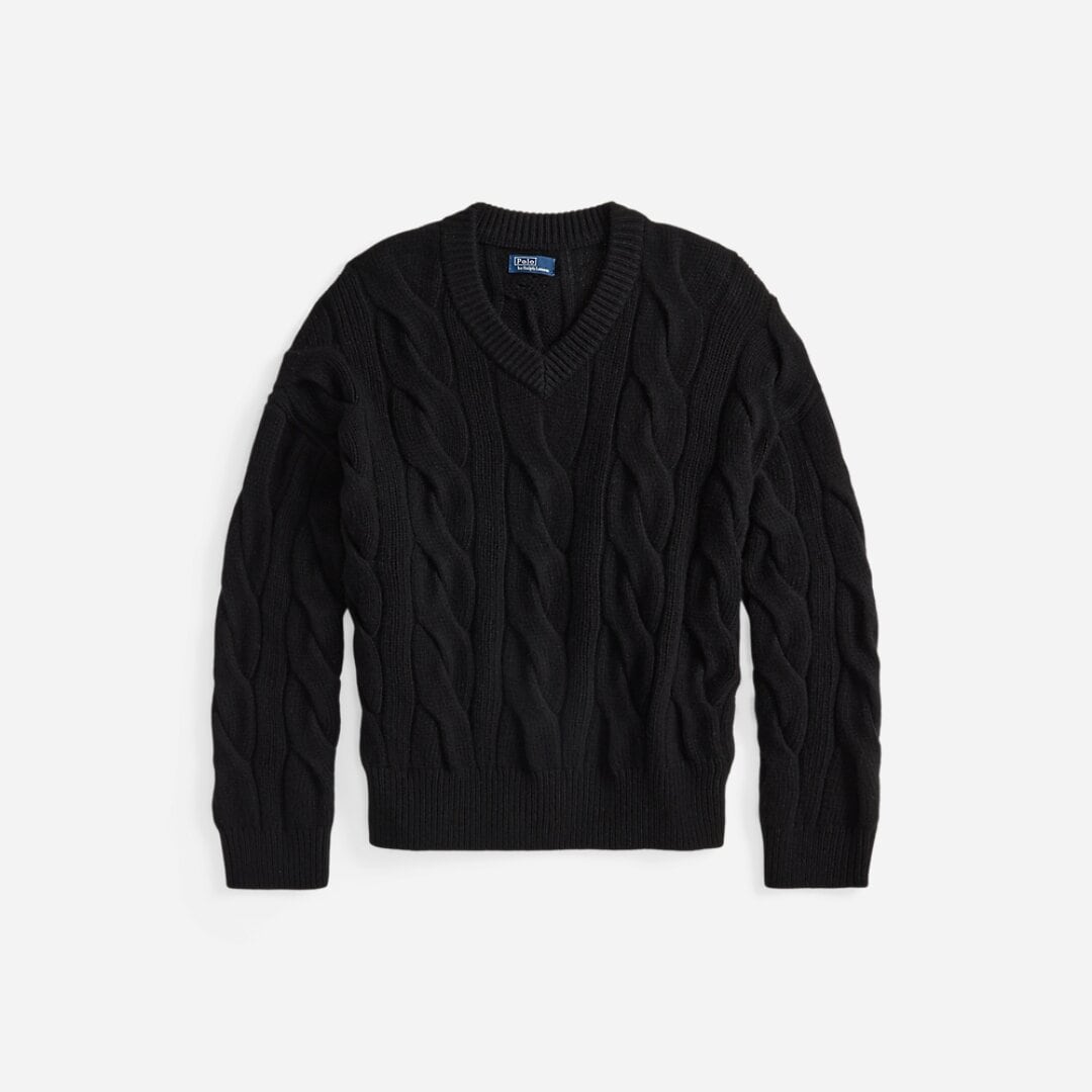Cable-Knit Wool-Cashmere V-Neck Sweater - Polo Black