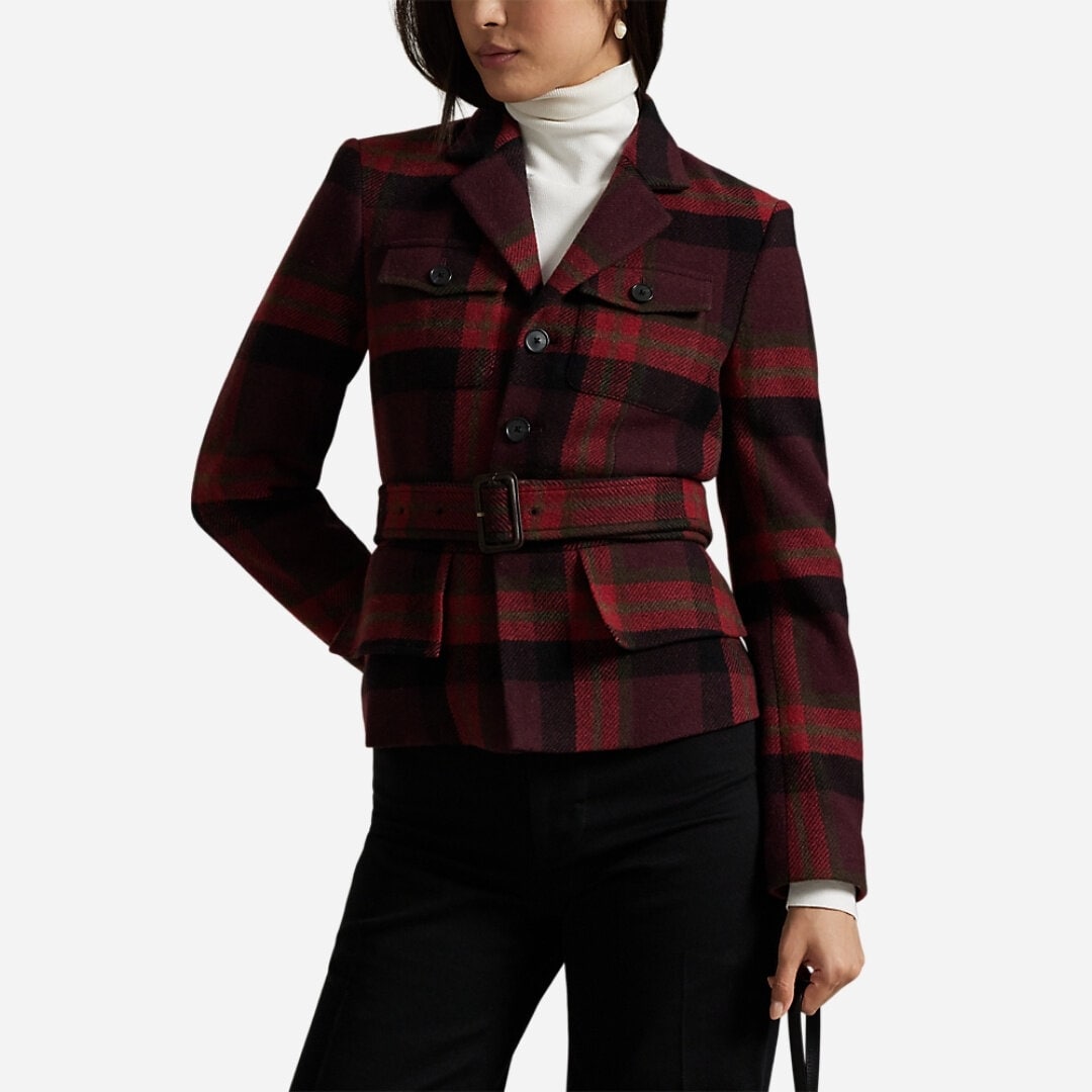 Belted Tweed Jacket - Red Multi Plaid