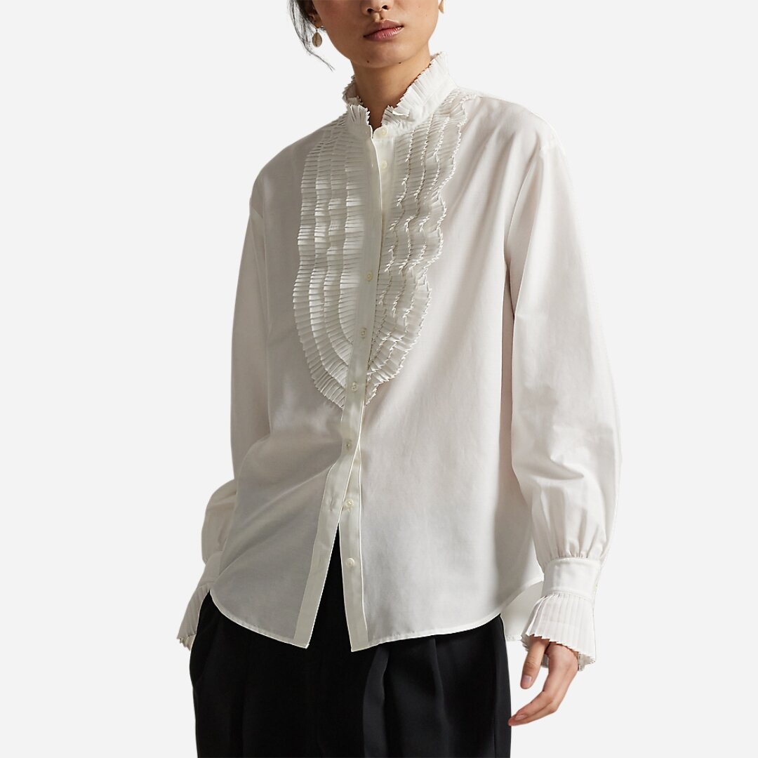 Pleated-Bib Cotton-Silk Shirt - White