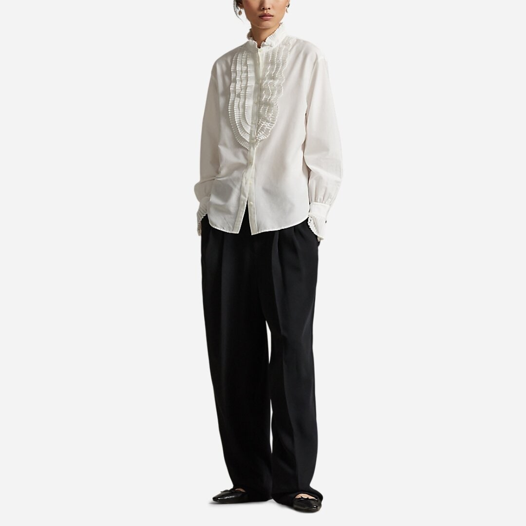 Pleated-Bib Cotton-Silk Shirt - White