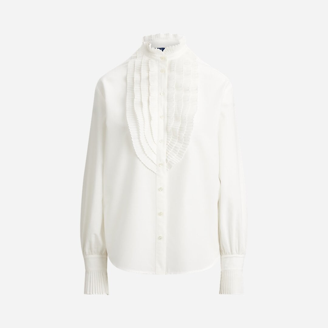 Pleated-Bib Cotton-Silk Shirt - White