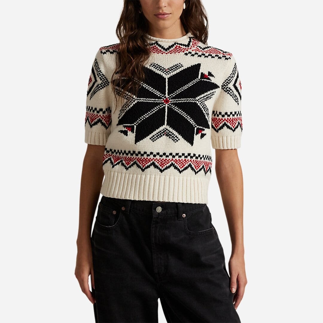 Snowflake Mockneck Short-Sleeve Sweater - Authentic Cream Multi