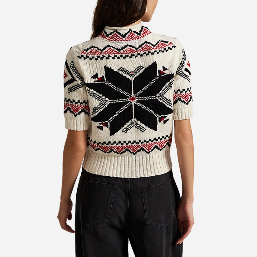 Snowflake Mockneck Short-Sleeve Sweater - Authentic Cream Multi