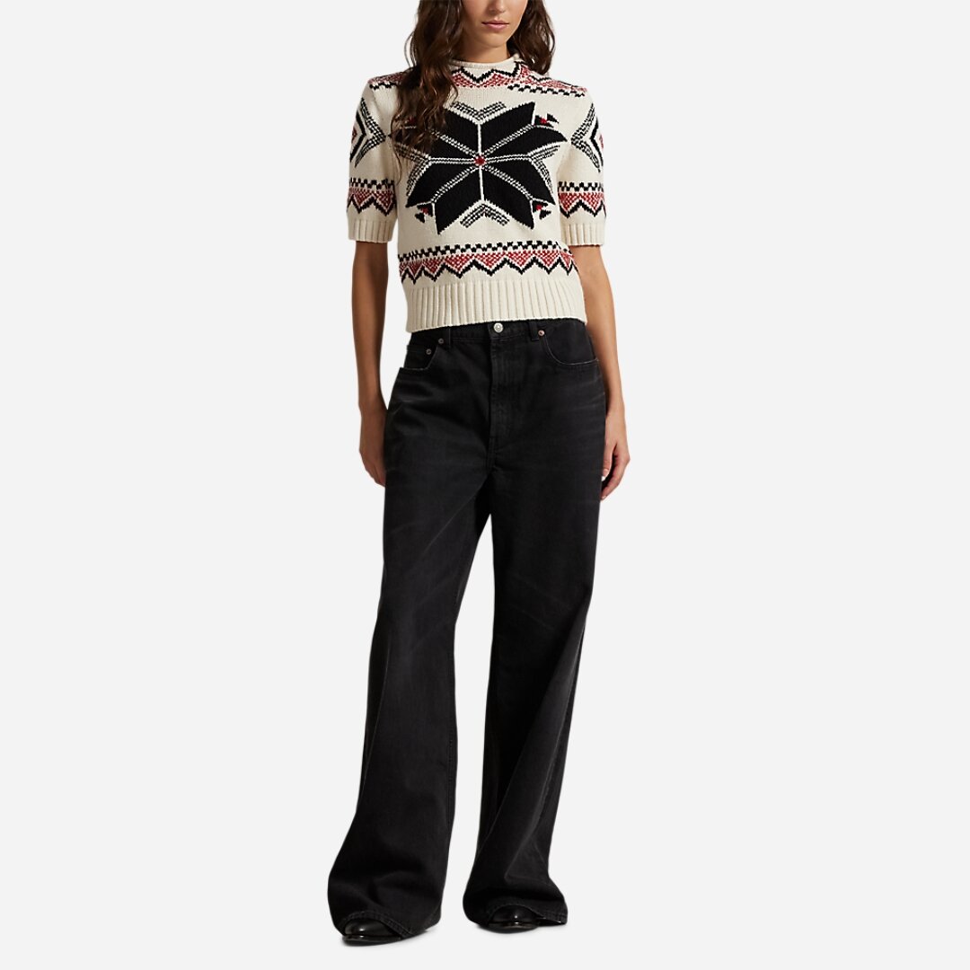 Snowflake Mockneck Short-Sleeve Sweater - Authentic Cream Multi