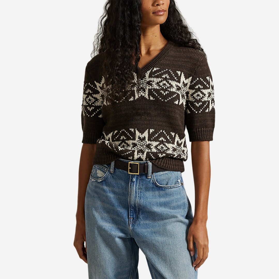 Snowflake V-Neck Short Sleeve Sweater - Brown Multi