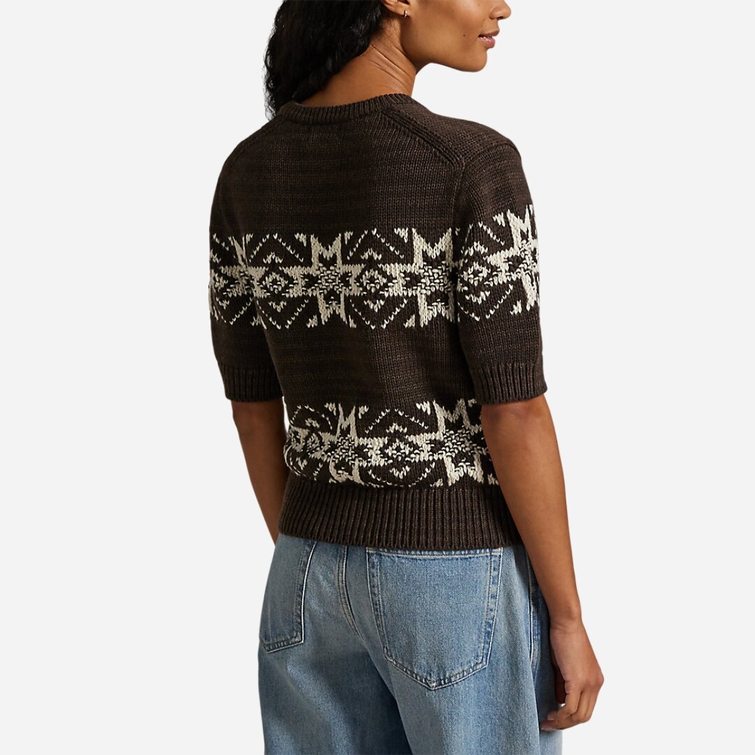 Snowflake V-Neck Short Sleeve Sweater - Brown Multi