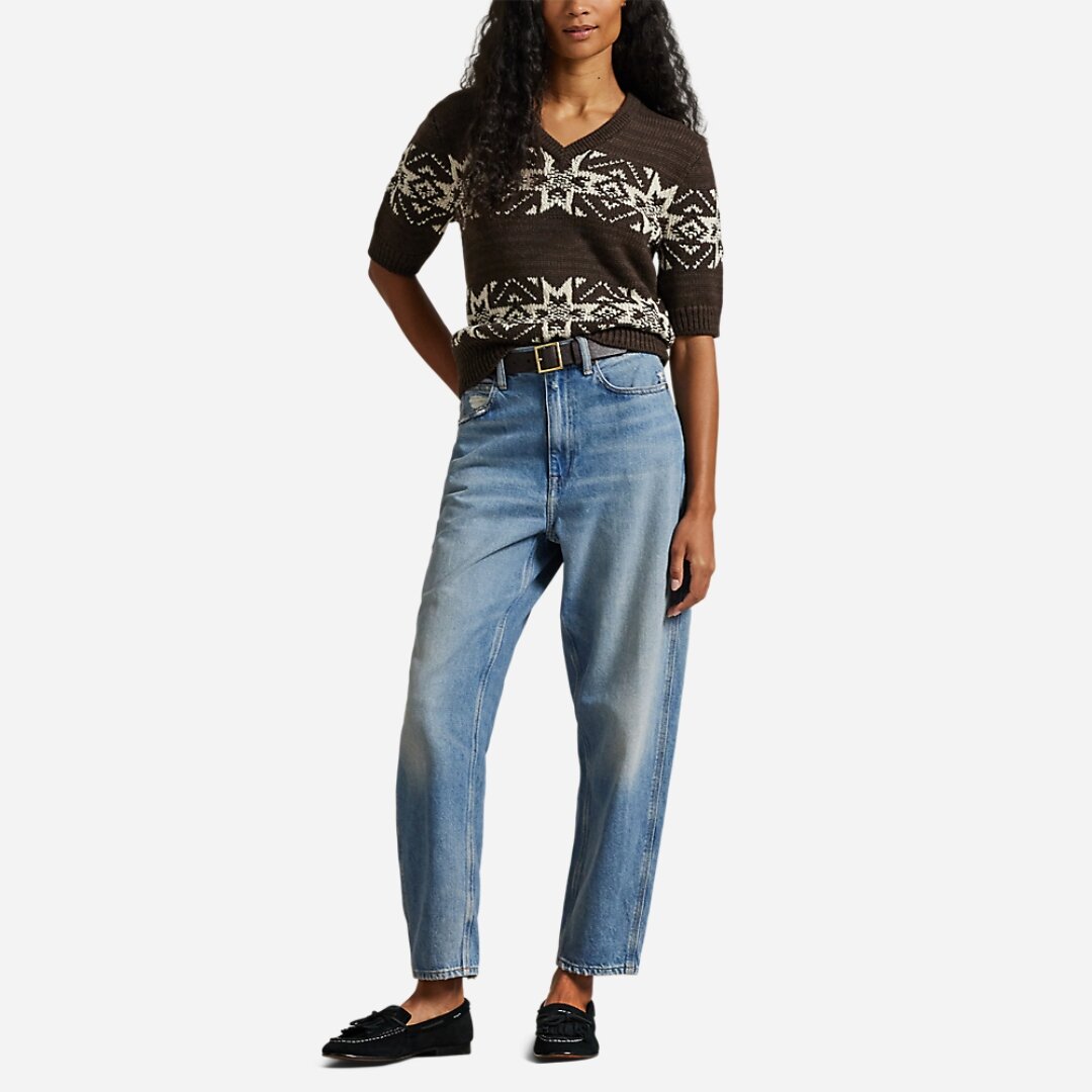Snowflake V-Neck Short Sleeve Sweater - Brown Multi