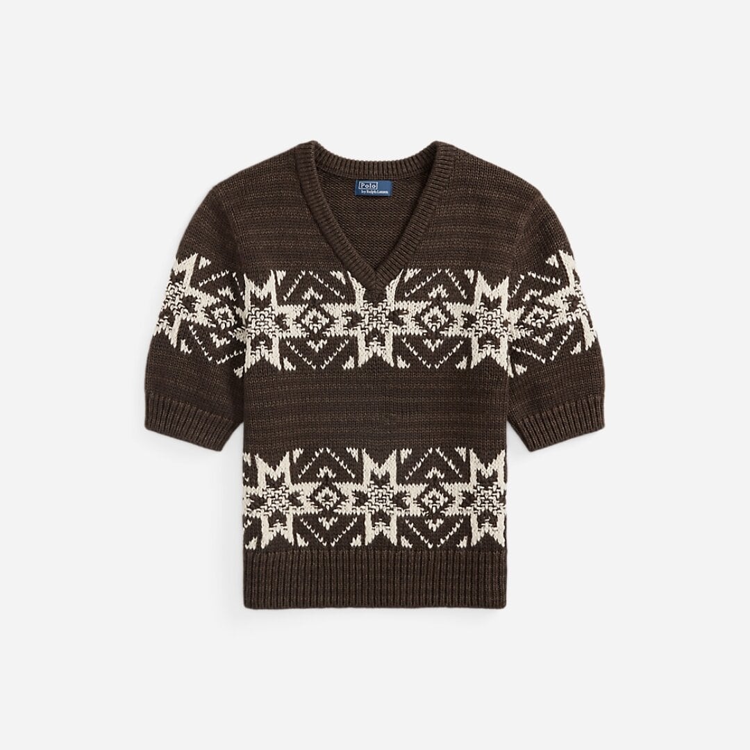 Snowflake V-Neck Short Sleeve Sweater - Brown Multi