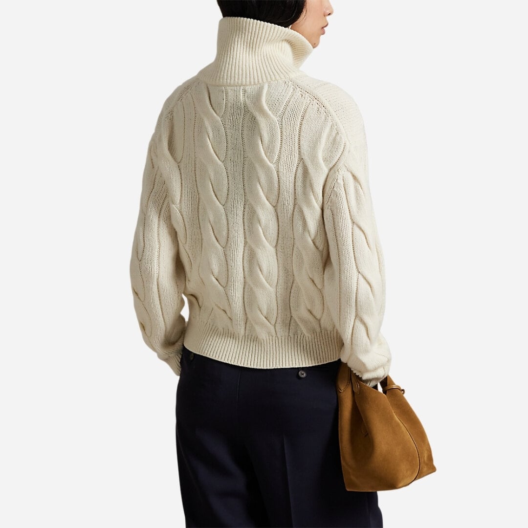 Cable Wool-Cashmere Funnelneck Cardigan - Authentic Cream