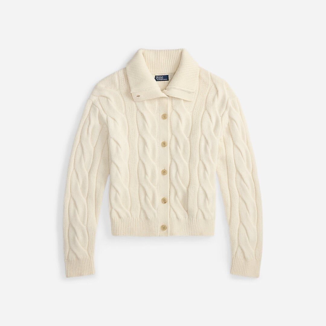 Cable Wool-Cashmere Funnelneck Cardigan - Authentic Cream