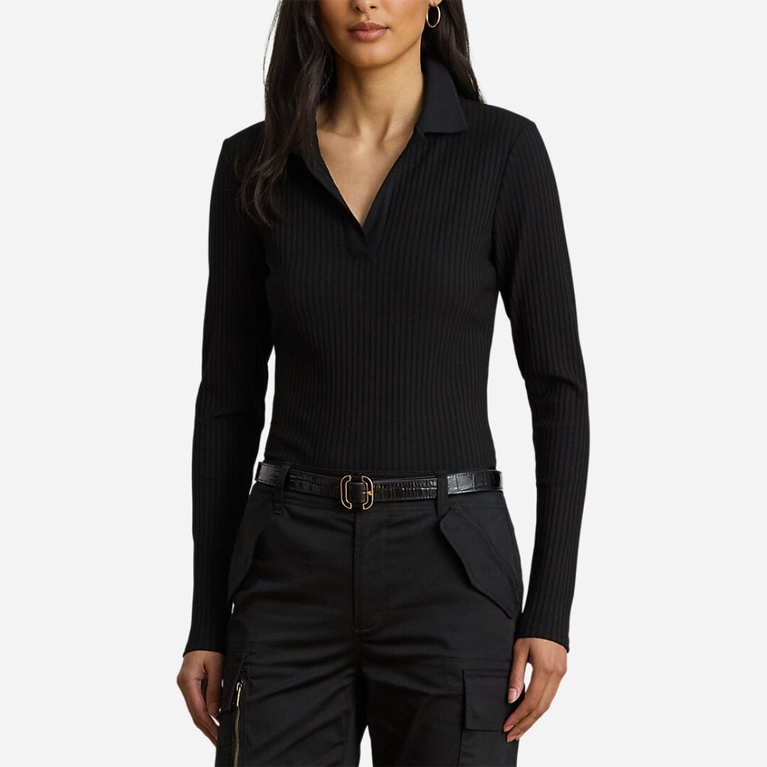 Rib-Knit Long-Sleeve Polo Top - Black