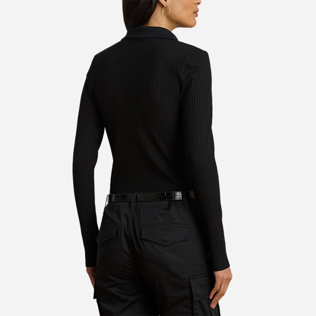 Rib-Knit Long-Sleeve Polo Top - Black
