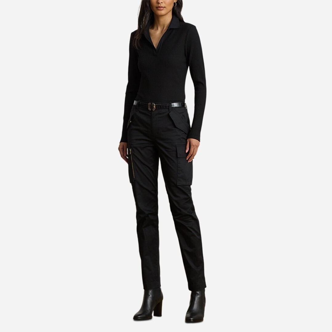 Rib-Knit Long-Sleeve Polo Top - Black