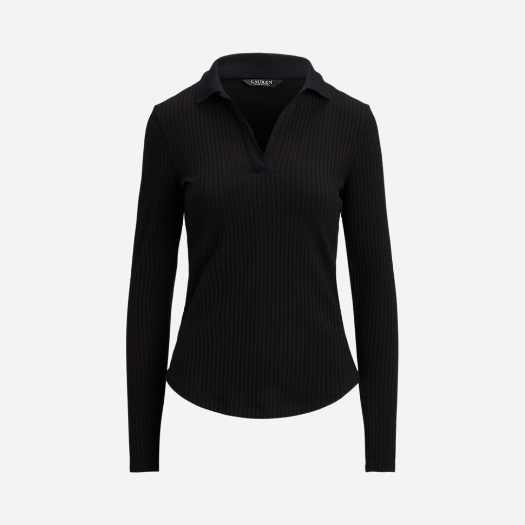 Rib-Knit Long-Sleeve Polo Top - Black