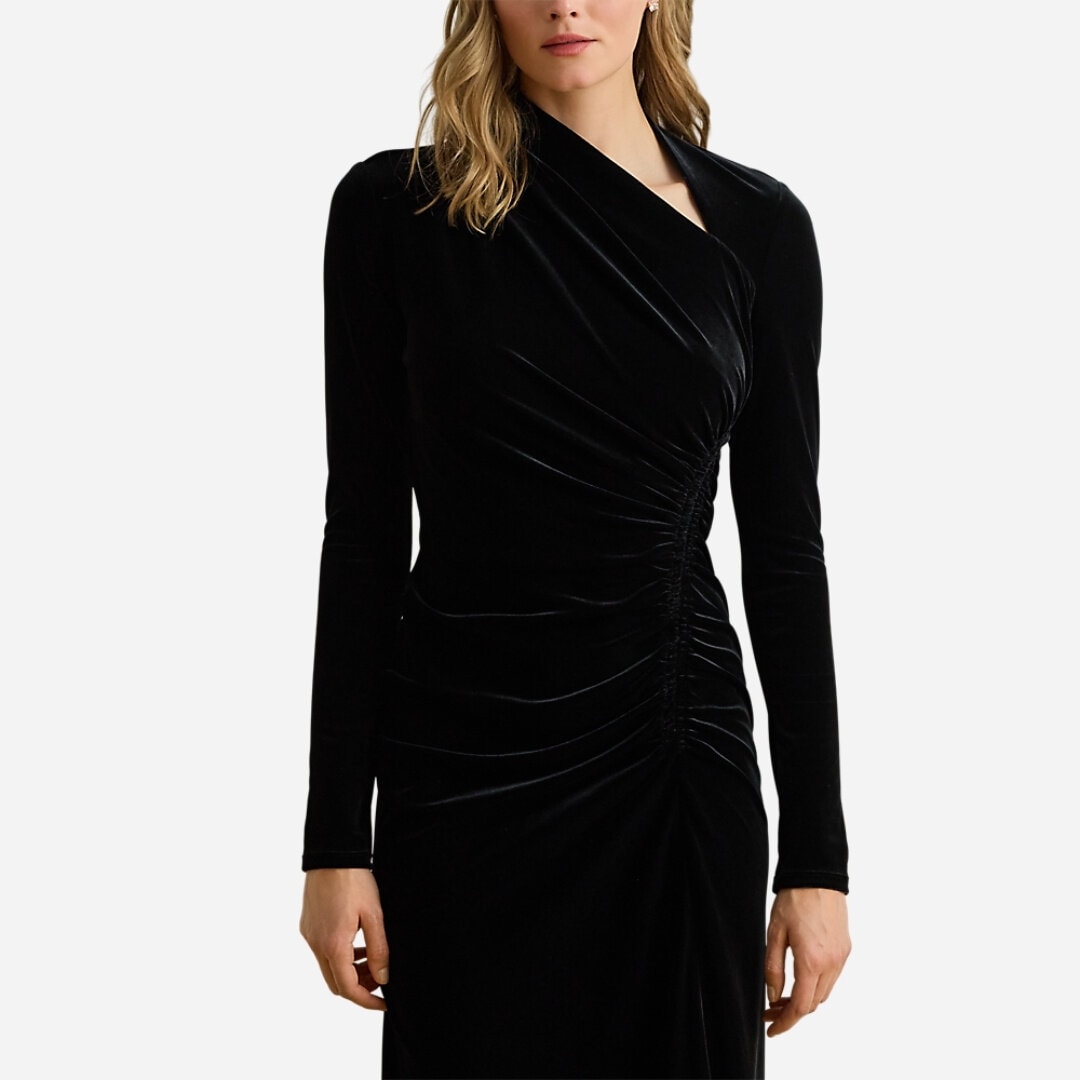 Ruched Velvet Asymmetrical Dress - Black Velvet