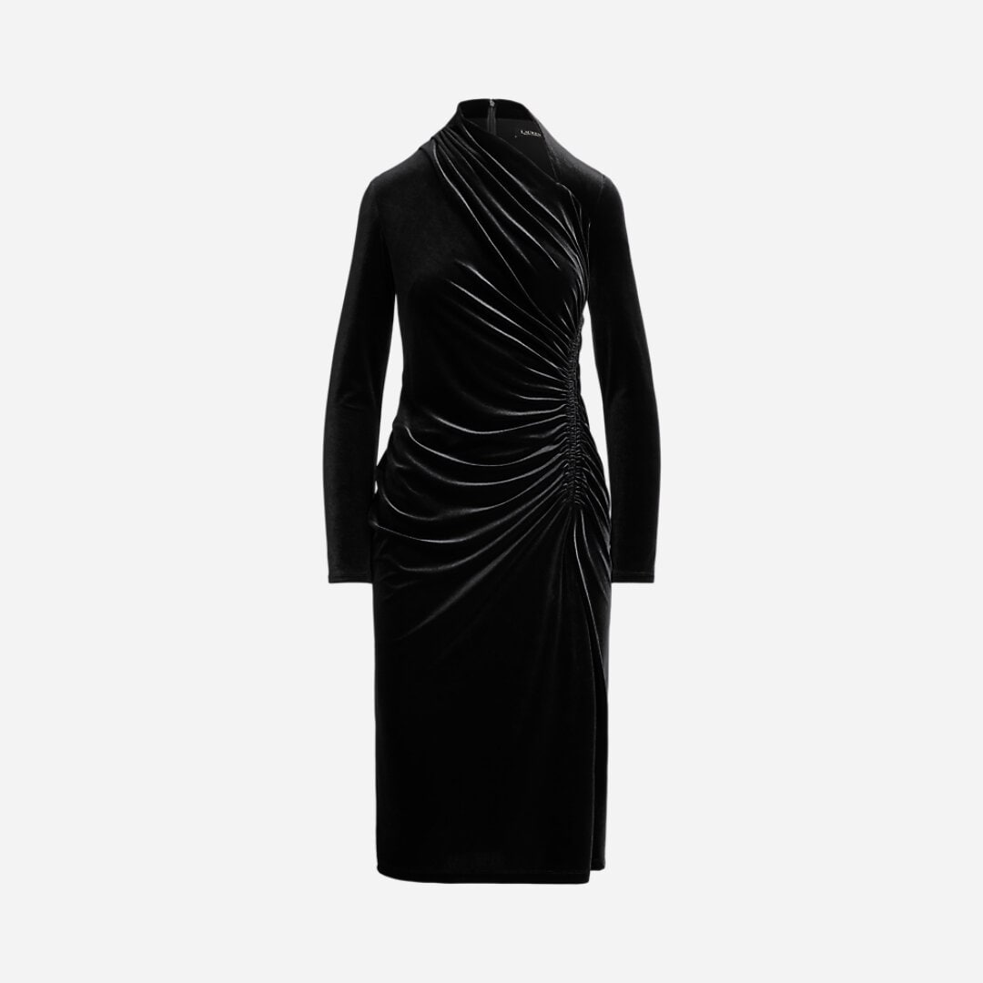 Ruched Velvet Asymmetrical Dress - Black Velvet