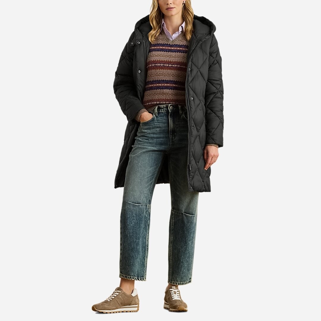 Hooded Diamond-Quilted Down Coat - Black