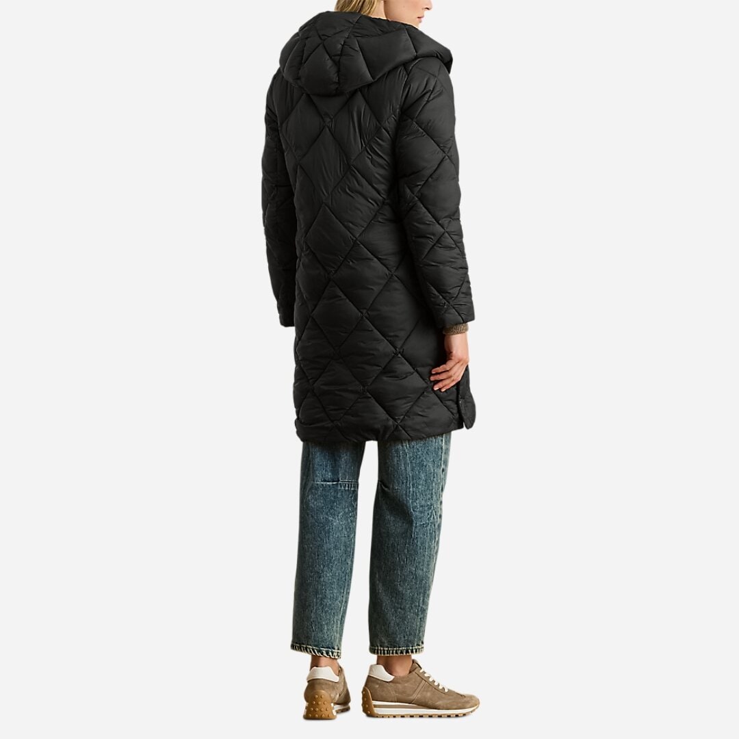 Hooded Diamond-Quilted Down Coat - Black