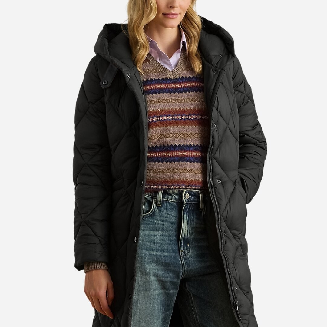 Hooded Diamond-Quilted Down Coat - Black