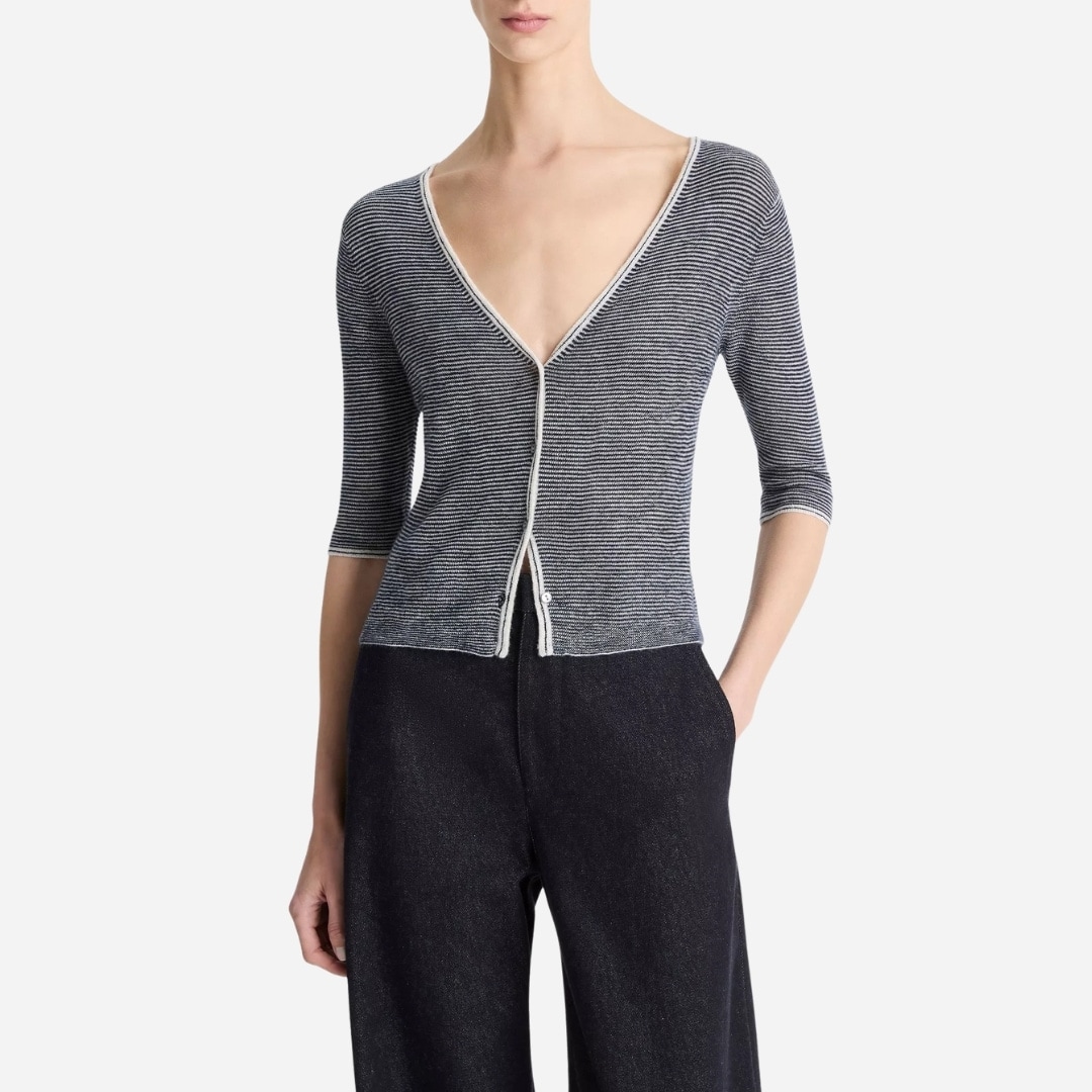 Micro-Stripe Cashmere-Silk Cardigan Off White/Coastal Blue