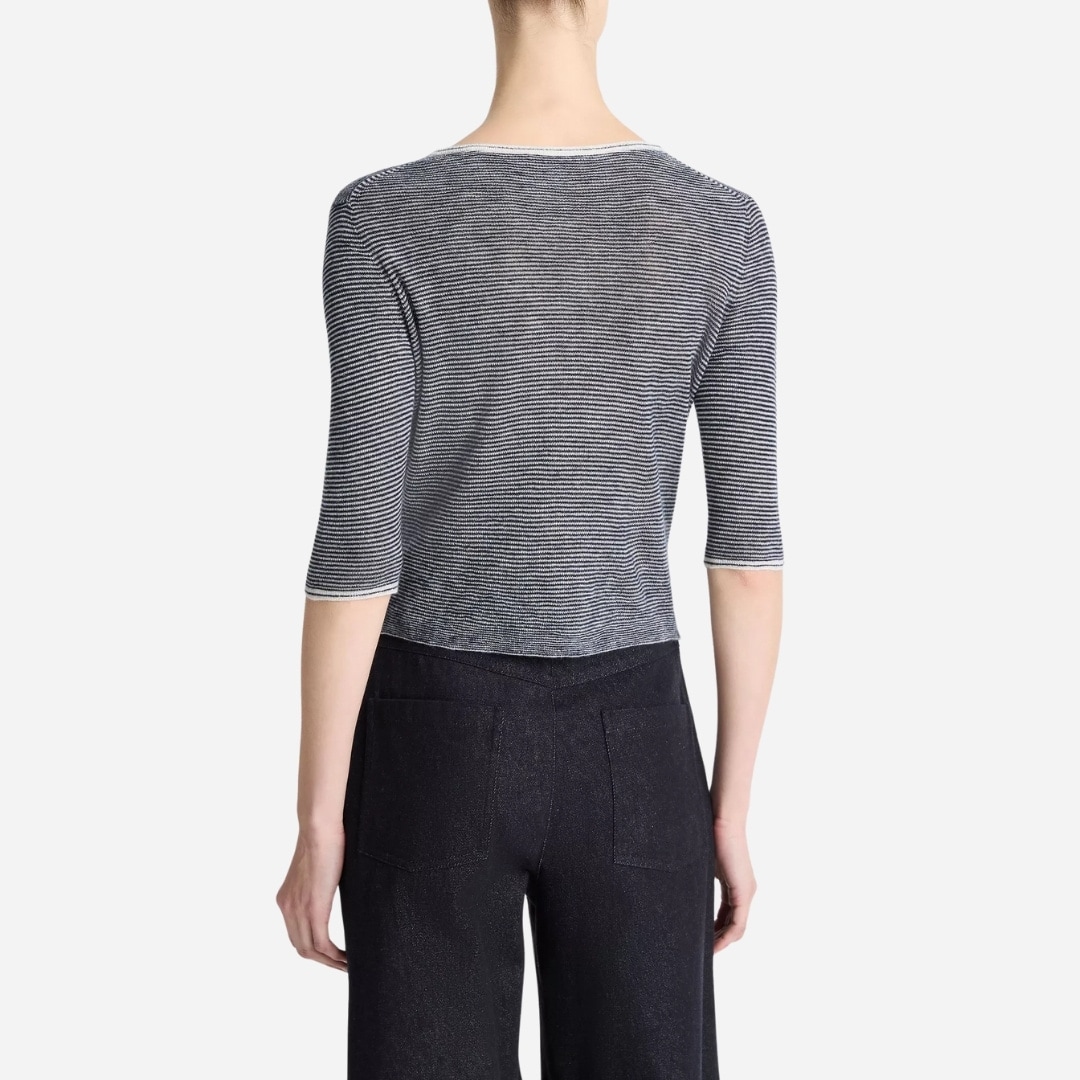 Micro-Stripe Cashmere-Silk Cardigan Off White/Coastal Blue