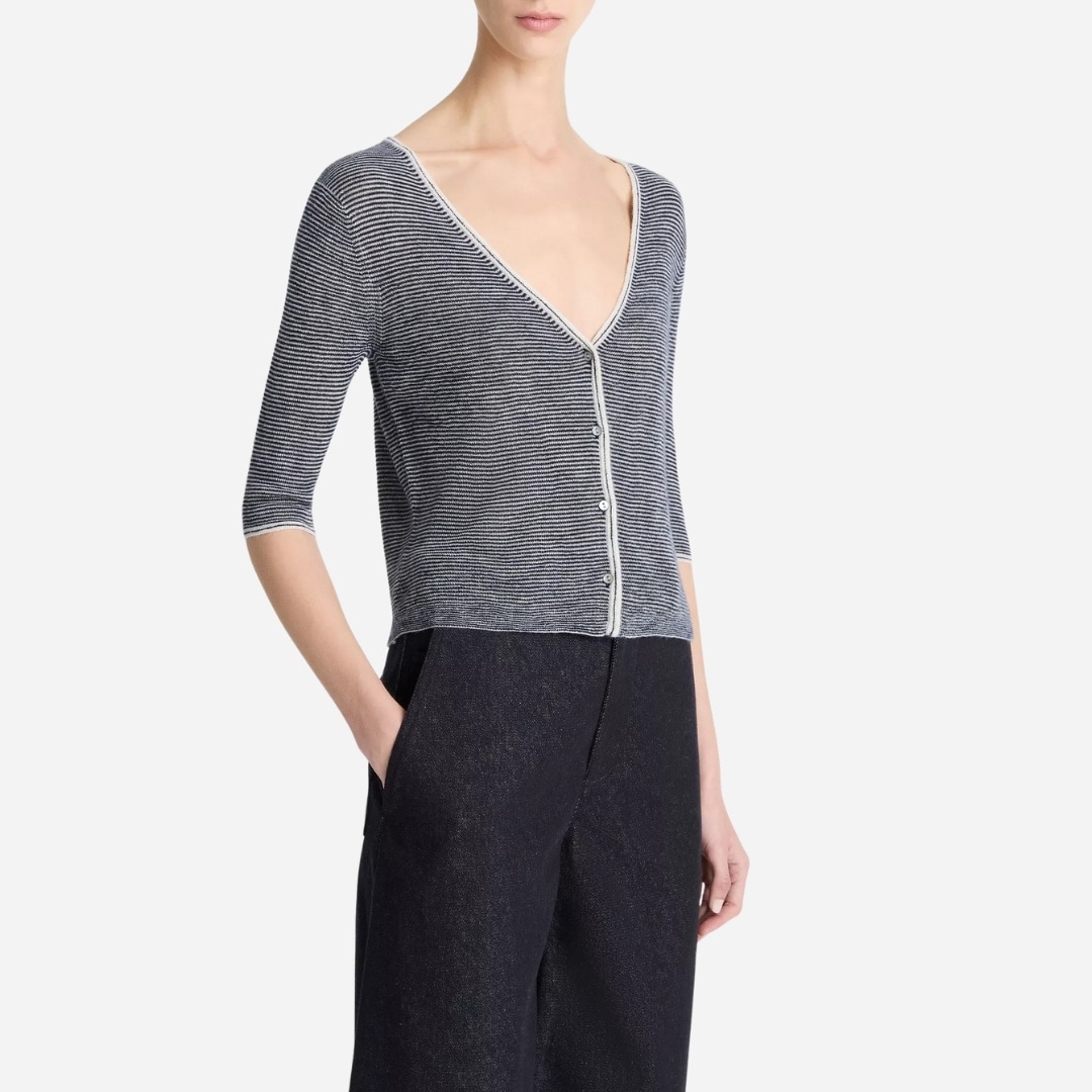 Micro-Stripe Cashmere-Silk Cardigan Off White/Coastal Blue