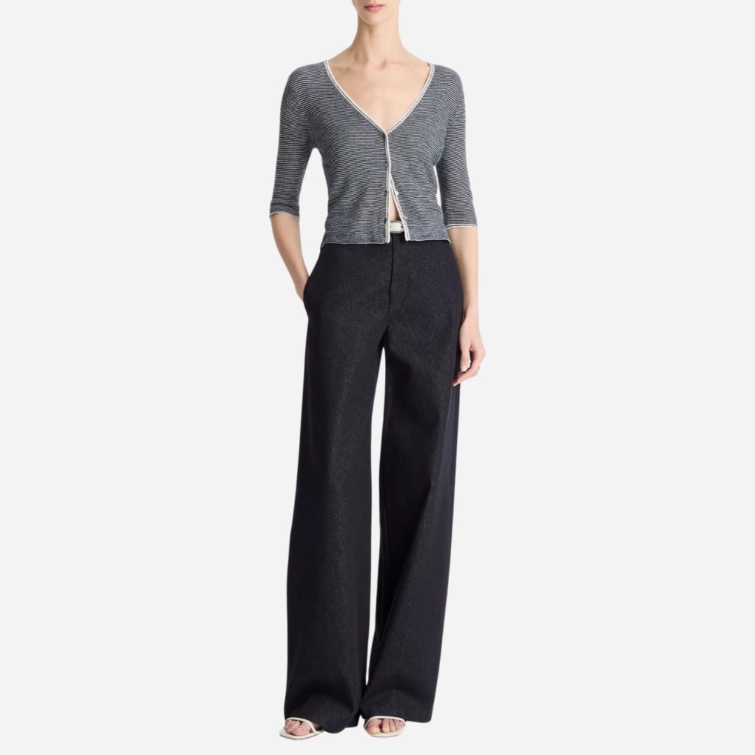 Micro-Stripe Cashmere-Silk Cardigan Off White/Coastal Blue
