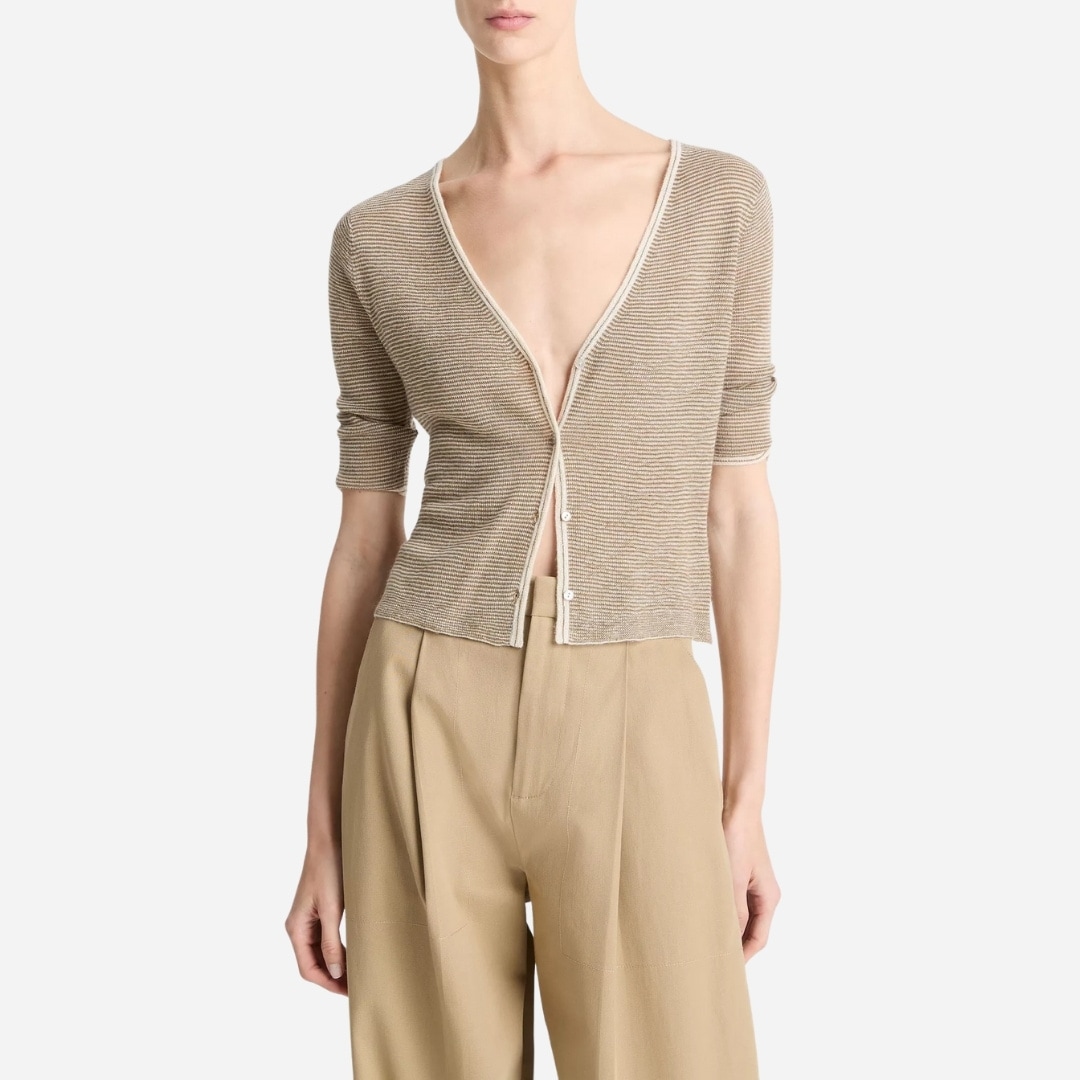 Micro-Stripe Cashmere-Silk Cardigan - Off White/Tapenade