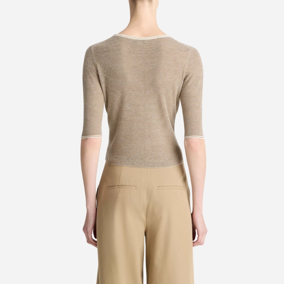 Micro-Stripe Cashmere-Silk Cardigan - Off White/Tapenade