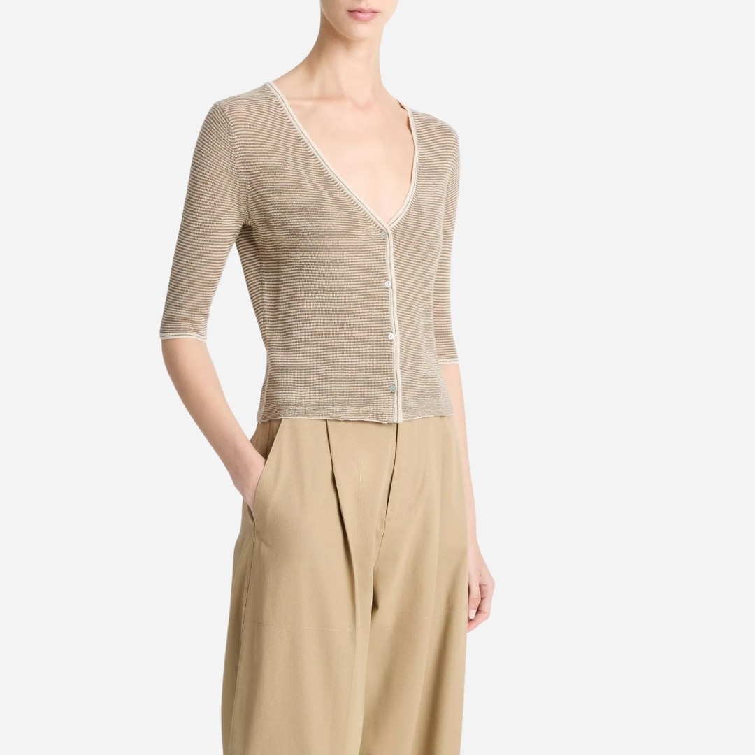 Micro-Stripe Cashmere-Silk Cardigan - Off White/Tapenade