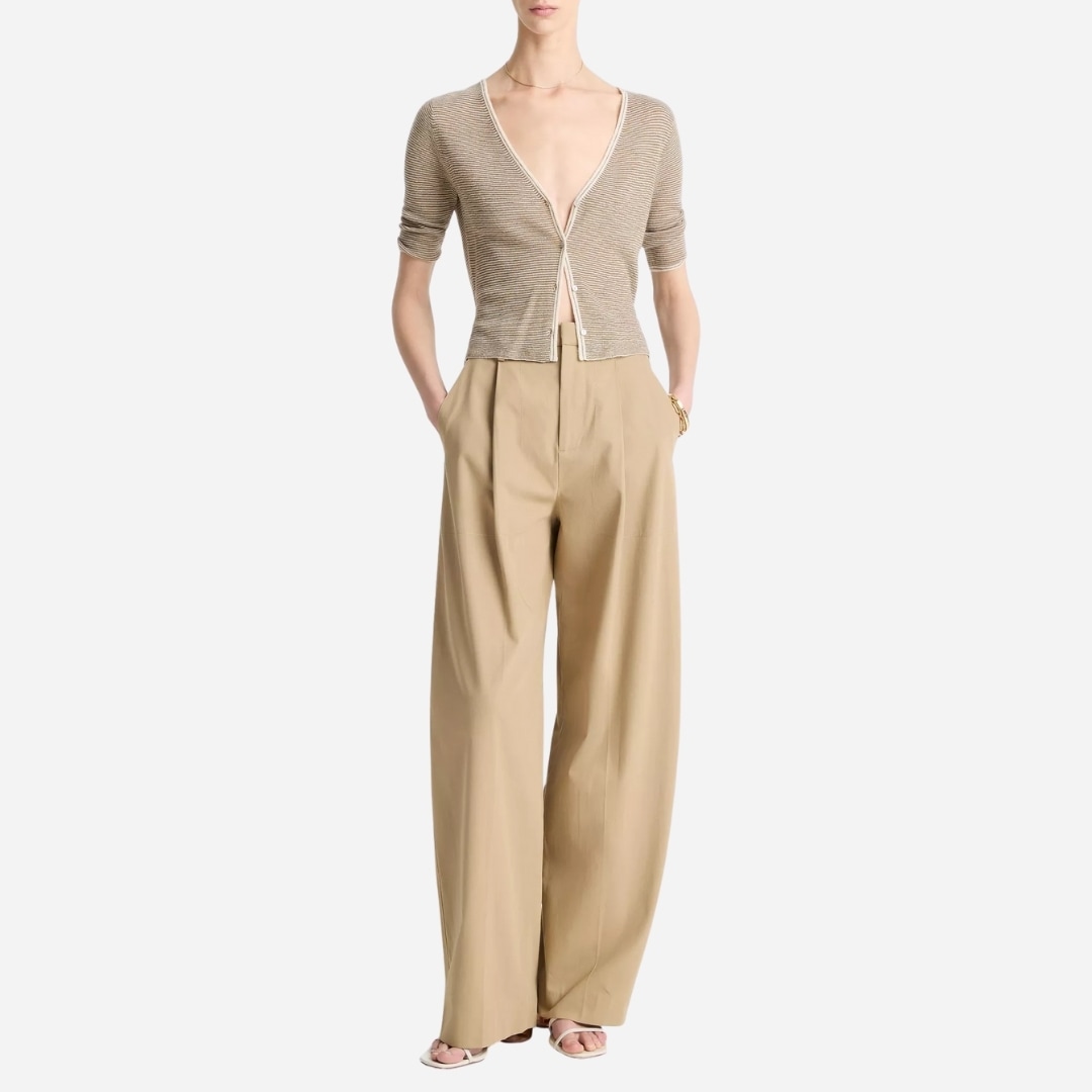 Micro-Stripe Cashmere-Silk Cardigan - Off White/Tapenade