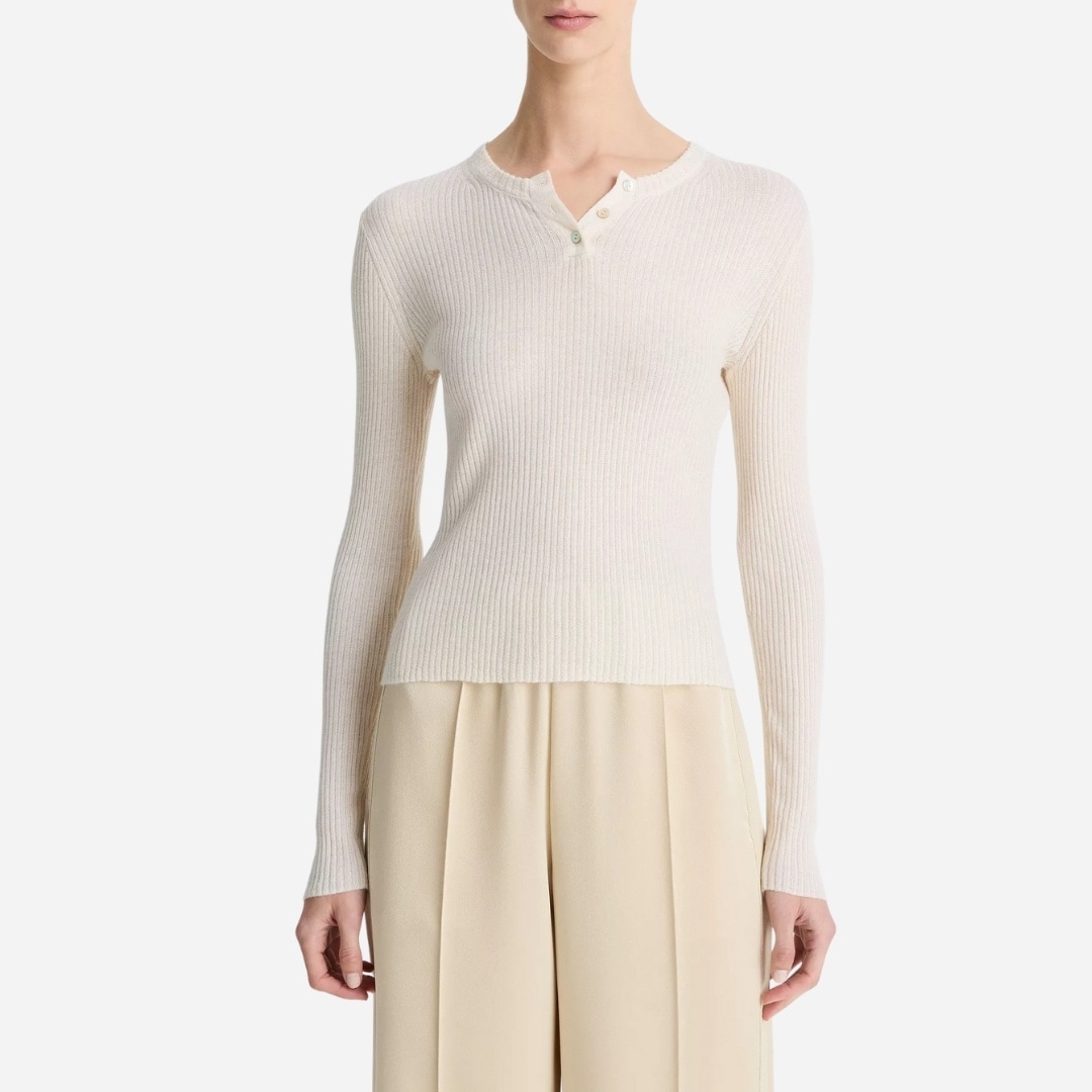Ribbed Cashmere-Silk Henley Sweater - Off White