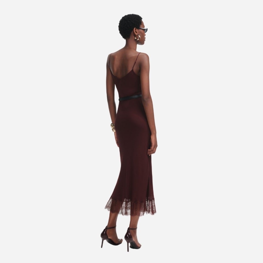 Lace Insert Midi Dress - Brown