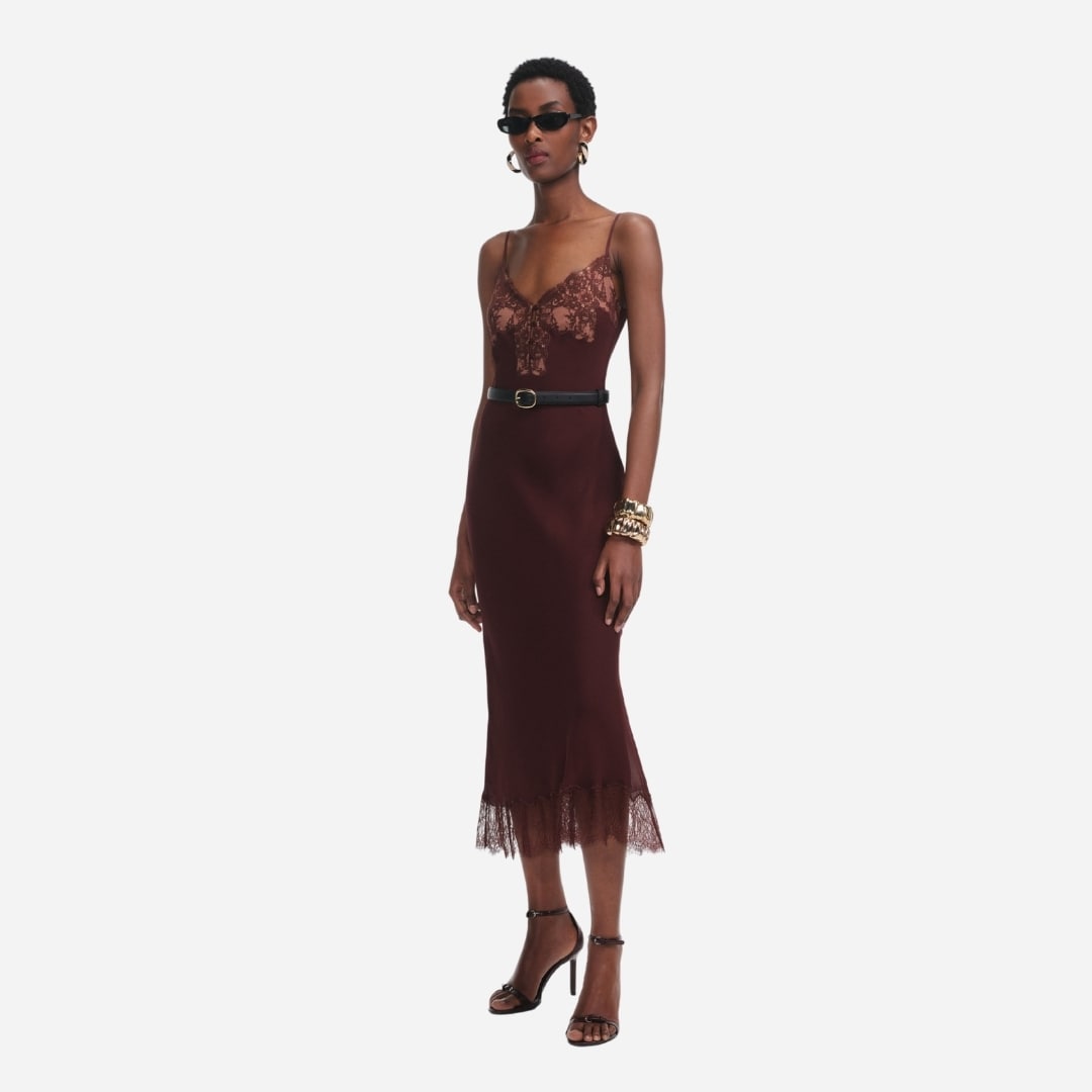 Lace Insert Midi Dress - Brown