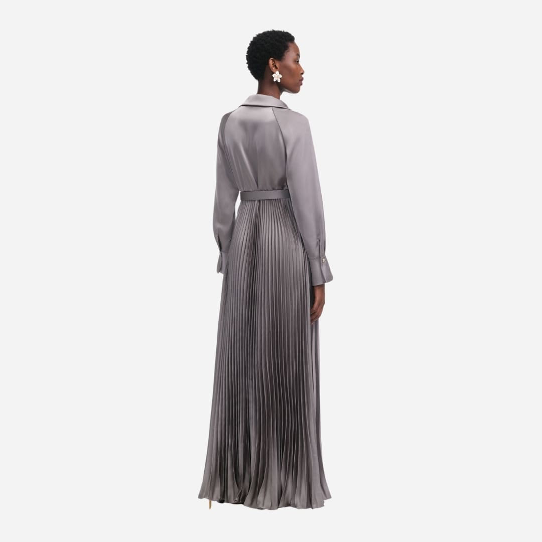 Satin Pleated Maxi Dress - Grey