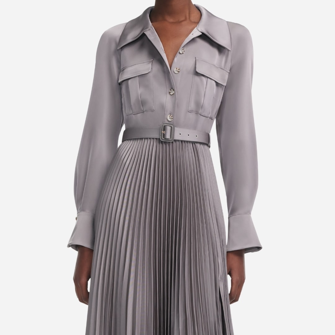 Satin Pleated Maxi Dress - Grey