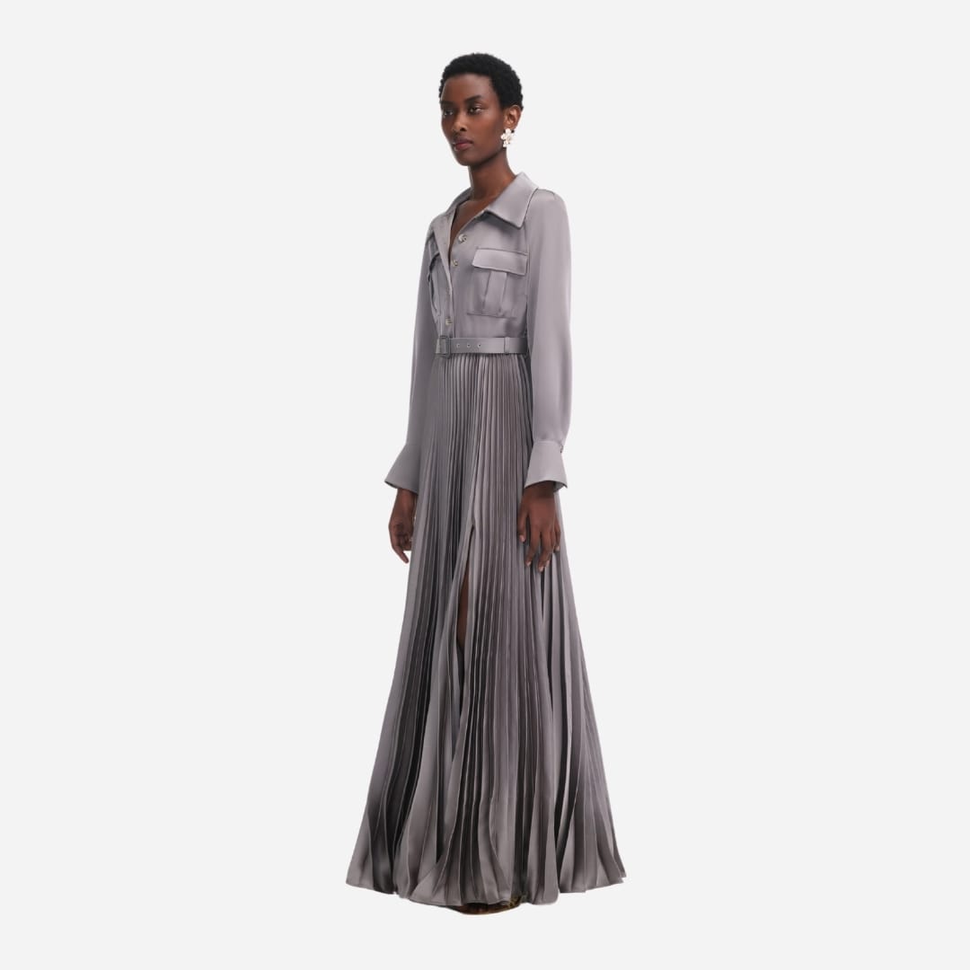 Satin Pleated Maxi Dress - Grey