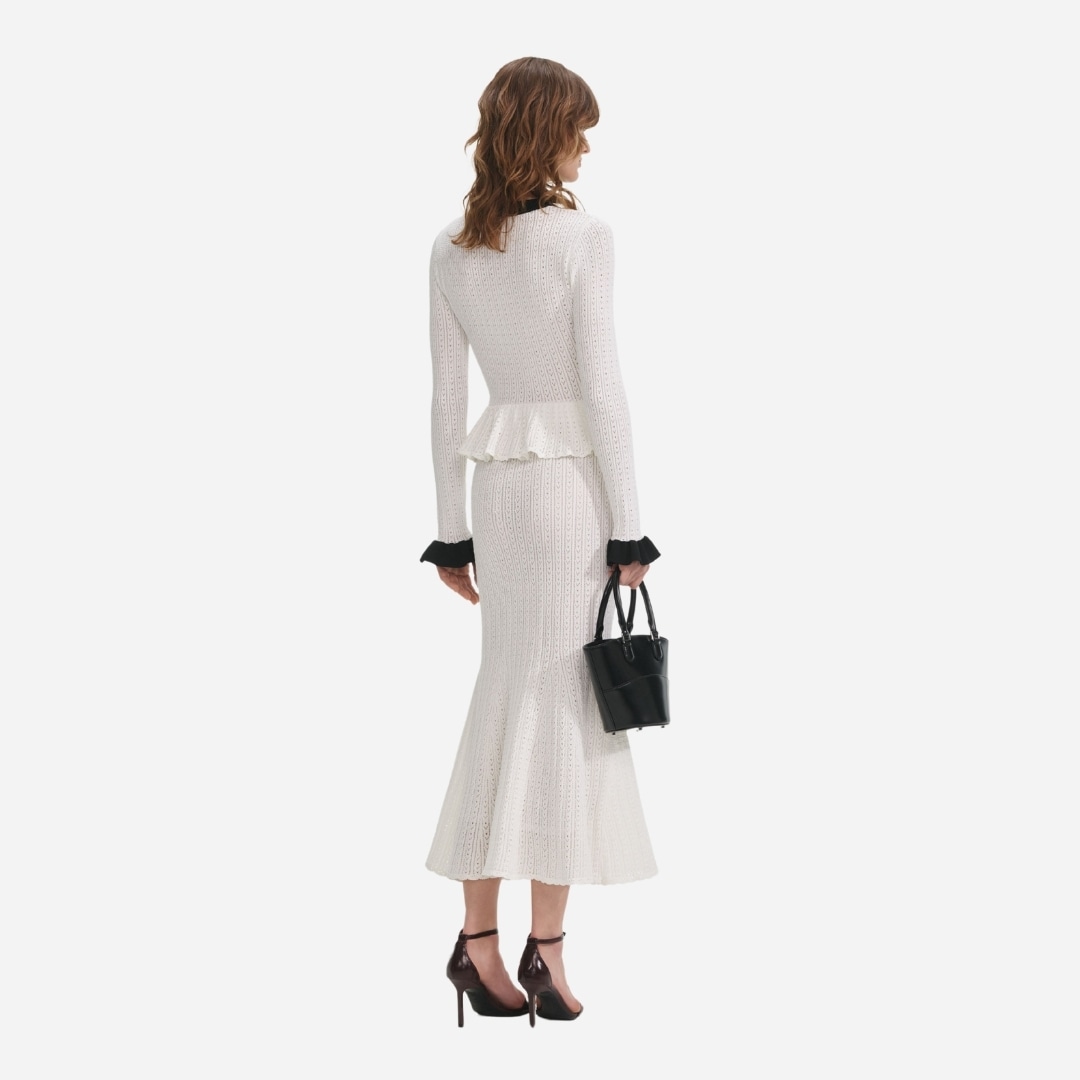 Pointelle Knit Constrast Midi Dress - White